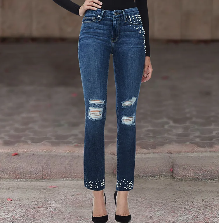 2018 Europe and the United States Women's new high-rise jeans Pearl beaded women's summer jeans trousers (1)