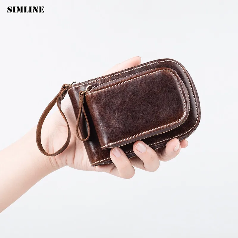 

SIMLINE Genuine Leather Credit Card Holder Men Women Zipper Accordion Design Card Case Holders Wallet Purse With Key Pocket Bag