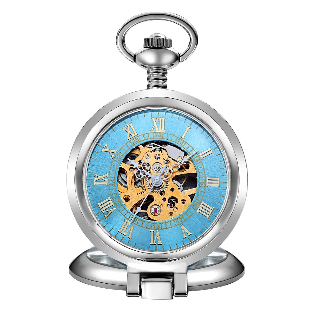 

ORKINA Antique Skeleton Blue Roman Numerals Dial Silver Alloy Case Mechanical Hand Wind Long Fob Chain Clock Men Pocket Watch