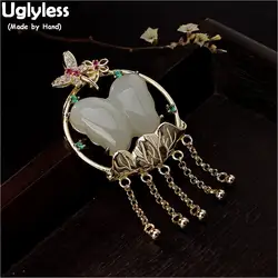 Uglyless 100% Настоящее серебро 925 пробы лист кисточки подвески для женщин ожерелья в форме стрекозы без цепи нефрит бабочка ювелирные изделия