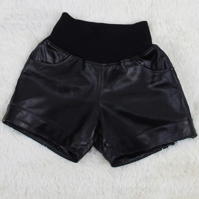 Otoño Invierno Plus Cortos Black De Piel Las Negros Mujeres Genuino Tamaño Real Pantalones Mujer Oveja Vintage Sexy Cuero Casual Slim rCarxHWwqd