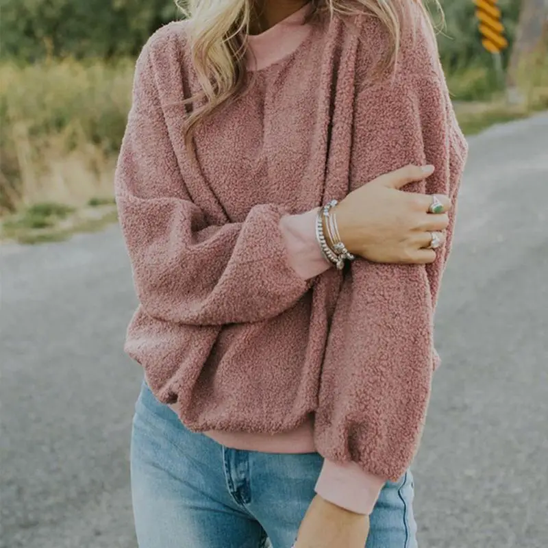 

Women Long Sleeve O-Neck Fleece Sweatshirts Baggy Plush Fluffy Warm Tops Winter Fashion Pullovers Casual Loose Solid Sweatshirt
