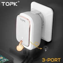TOPK 5V 3.4A(Max) 3-Port LED Lamp USB Charger Adapter 2-IN-1 Travel Wall EU&US Auto-ID Mobile Phone Charger for iPhone Samsung