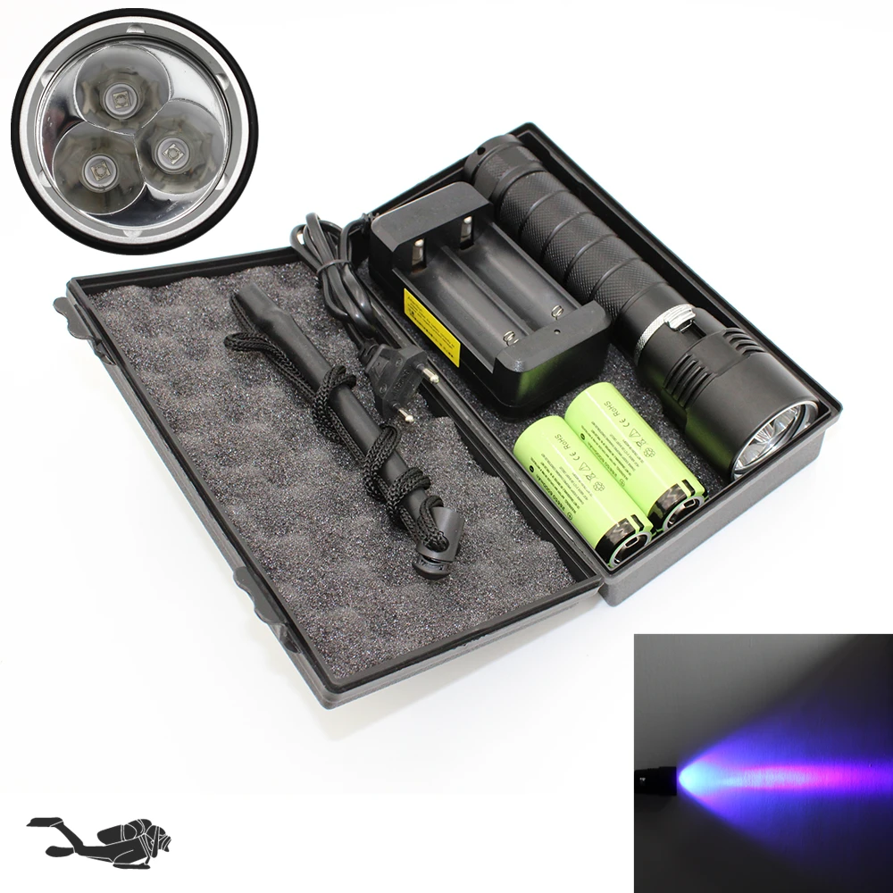 УФ-светильник-вспышка, подводный ультрафиолетовый светильник, охотничий светильник, светильник-вспышка для дайвинга, 3 УФ-светодиодный светильник для поиска, янтарный+ аккумулятор 26650+ зарядное устройство