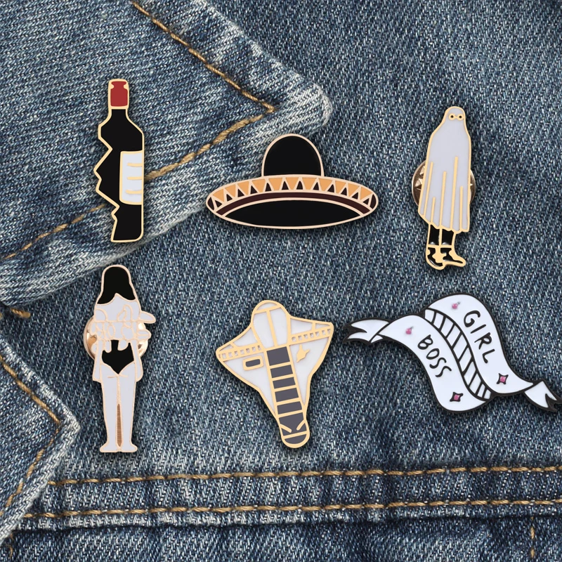 

Female Broche Wine Bottle Ribbon Hat Raincoat Rocket Women Enamel Cartoon Brooches Pins Button Badges Clothes Lapel Pin Kid Gift