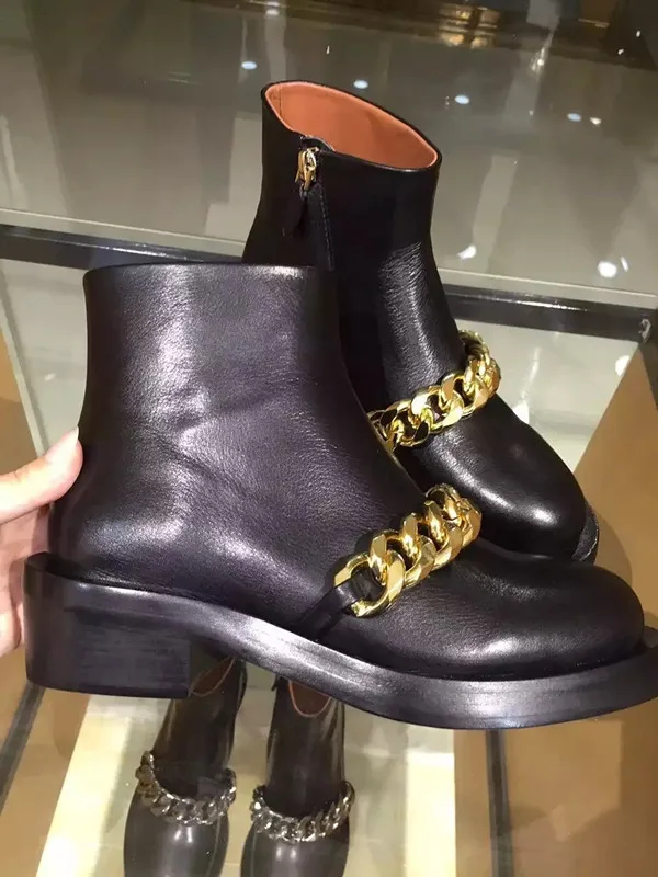 

Luxury Brand Women Boots Round Toe Chunky Heel Ankle Boots For Women Gold Silver Chain Women Winter Boots