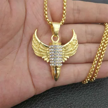 

Hip Hop Iced Out Bling Wing Bullet Pendant Necklace Gold Color Stainless Steel Military Necklace For Women/Men Jewelry