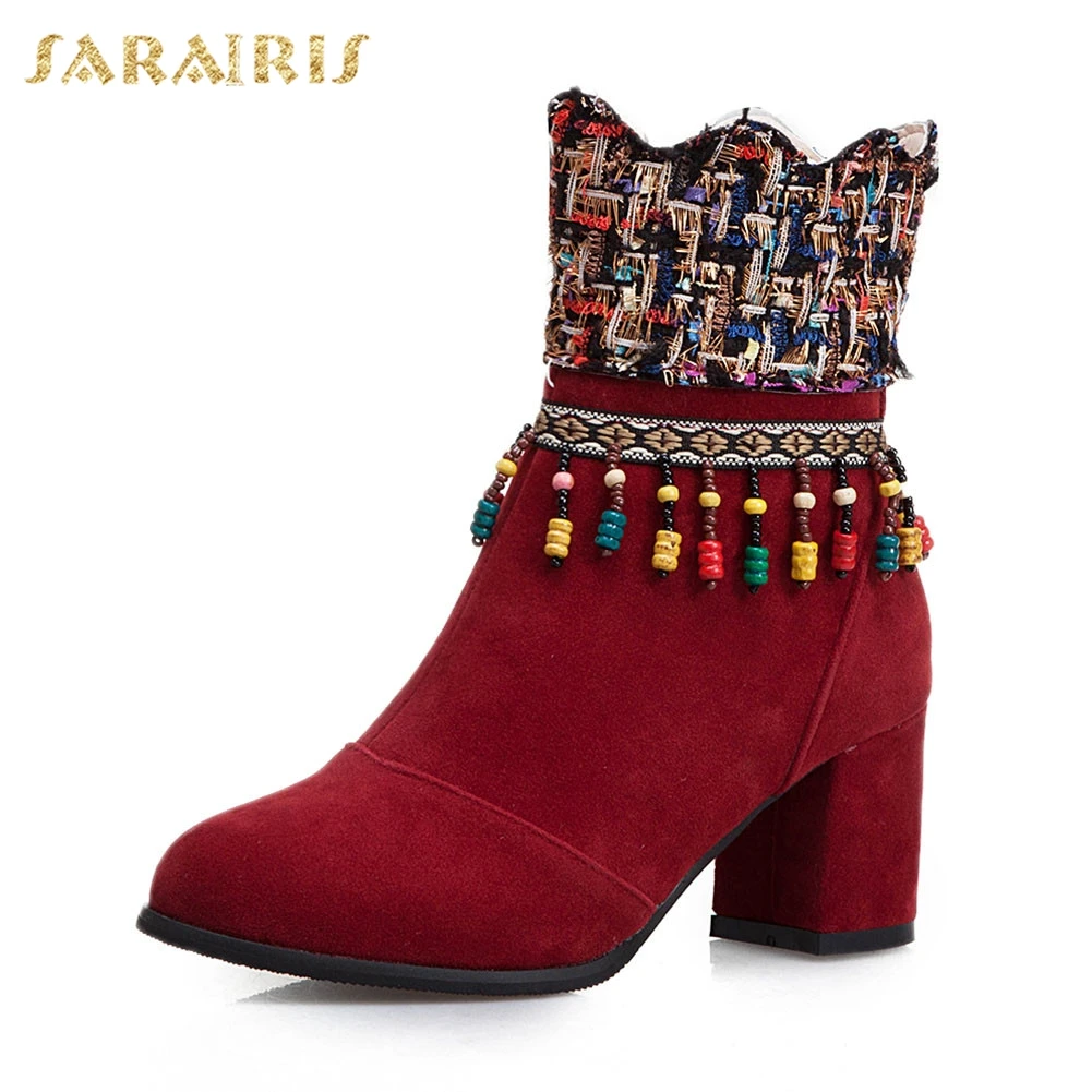 

Sarairis New Plus Size 34-50 Fringe High Heels Zip Woman Shoes Woman Casual Party Ol Ethnic Style Autumn Winter Ankle Boots