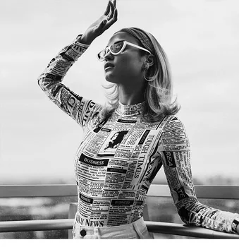 

Letters Print Long Sleeve High Neck Bodycon Sexy Bodysuit Summer Rompers Newspaper Women Jumpsuit Vintage