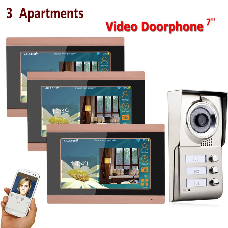 

HD 720P 7inch Record Wired Wifi IP 3 Apartments Video Door Phone Intercom System IR-CUT HD 1000TVL Camera IP Doorbell Camera