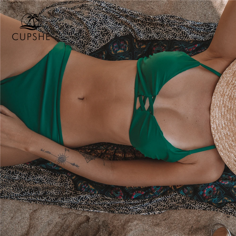 Günstig Cupshe Grün Solide Bikini Set Frauen Push Up Cut Out Plain Zwei Stücke Bademode 2020 Strand Strappy Sexy Badeanzug badeanzüge