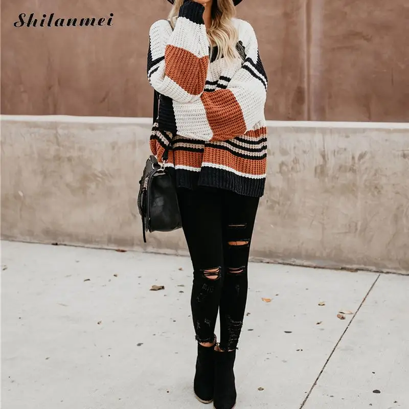 Модный теплый осенне-зимний вязаный свитер женский модный Полосатый пуловер с круглым вырезом женские трикотажные изделия с длинными рукавами Повседневные