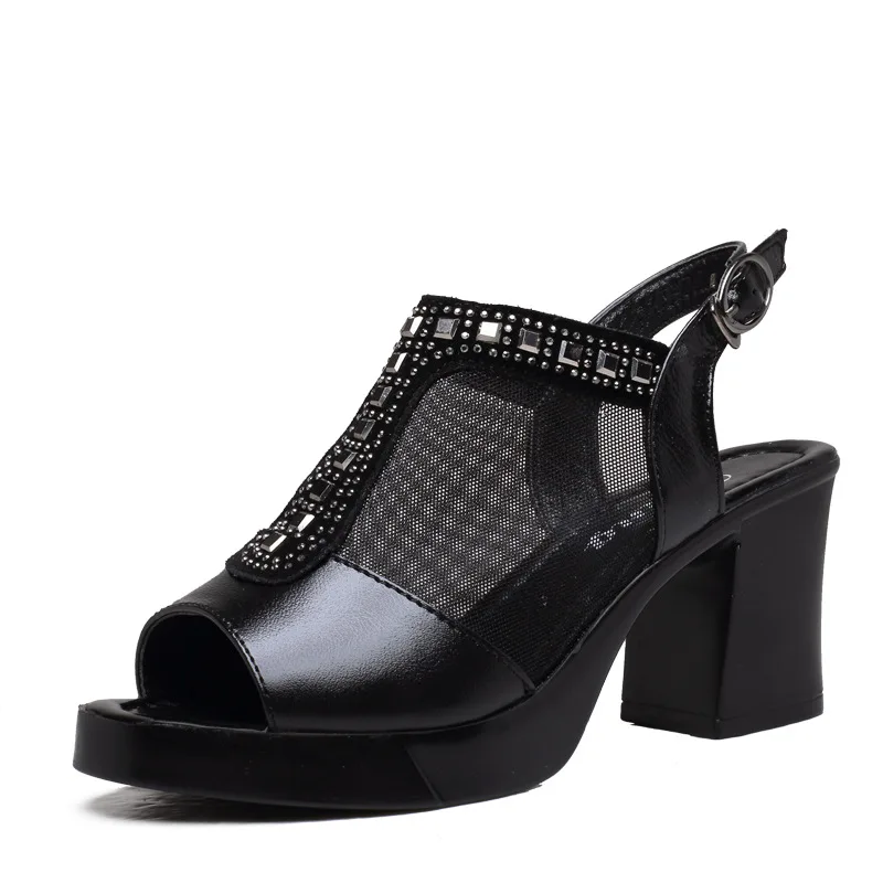 

2017 Women's Black Genuine Leather High Heel Women's Sandals Ladies Ankle Strap Summer Shoes Woman Fashion Sandals Zapatos Mujer