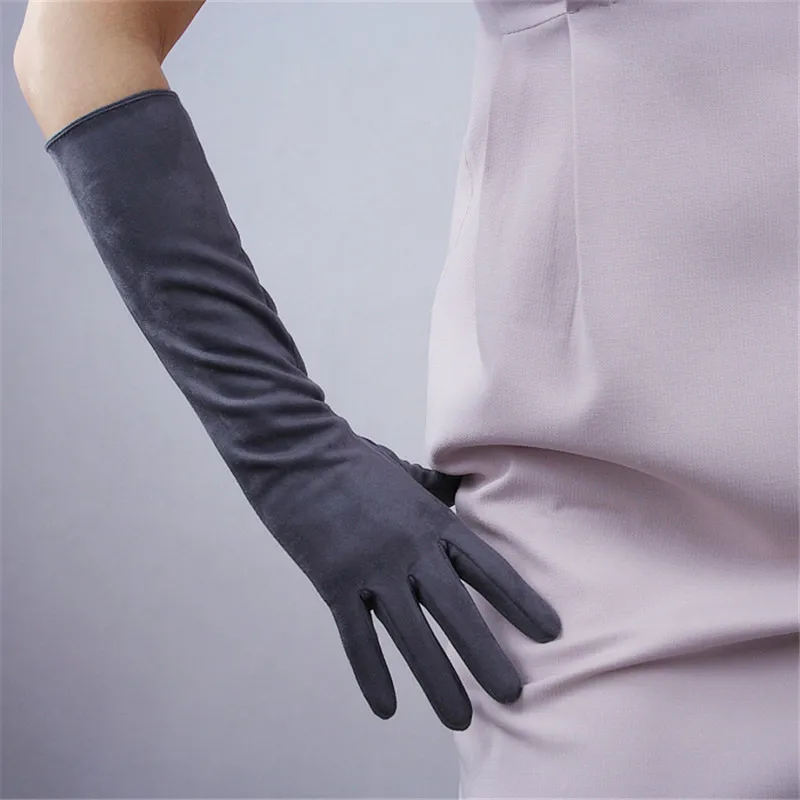 Модные простые женские замшевые перчатки без подкладки 40 см Длинные вечерние женские перчатки Новые шлифовальные варежки из замши TB21 - Цвет: Темно-серый