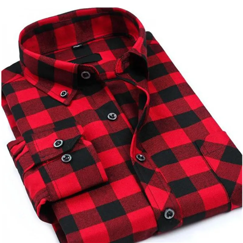 Новая фланелевая мужская красная клетчатая рубашка Весна Осень теплая мужская повседневная хлопковая рубашка с длинными рукавами Мужская