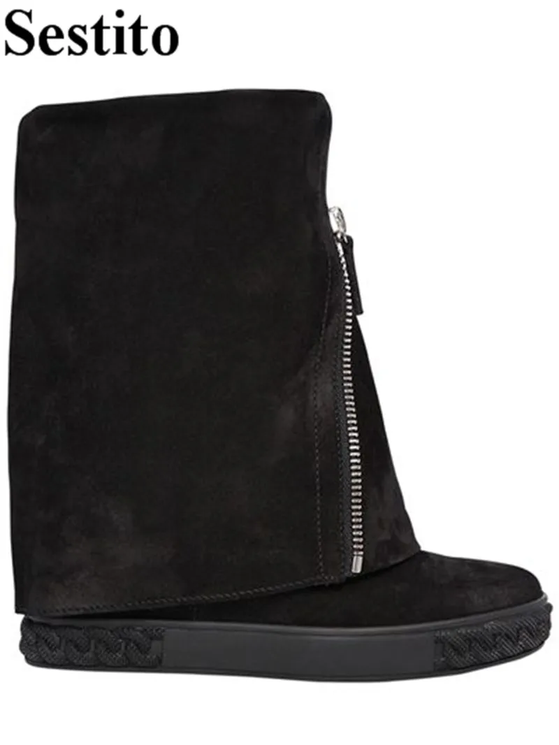 

Concise Black Flock Front Zipper Boots Round Toe Flat 8 cm Height Increasing Mid-Calf Boots For Women Slip-on Casual Women Shoes