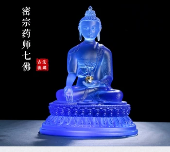 

GOOD figure Buddha HOME efficacious Protection # Retro Tibetan Medicine Guru Buddha -REAL Colored Glaze crystal Buddha statue