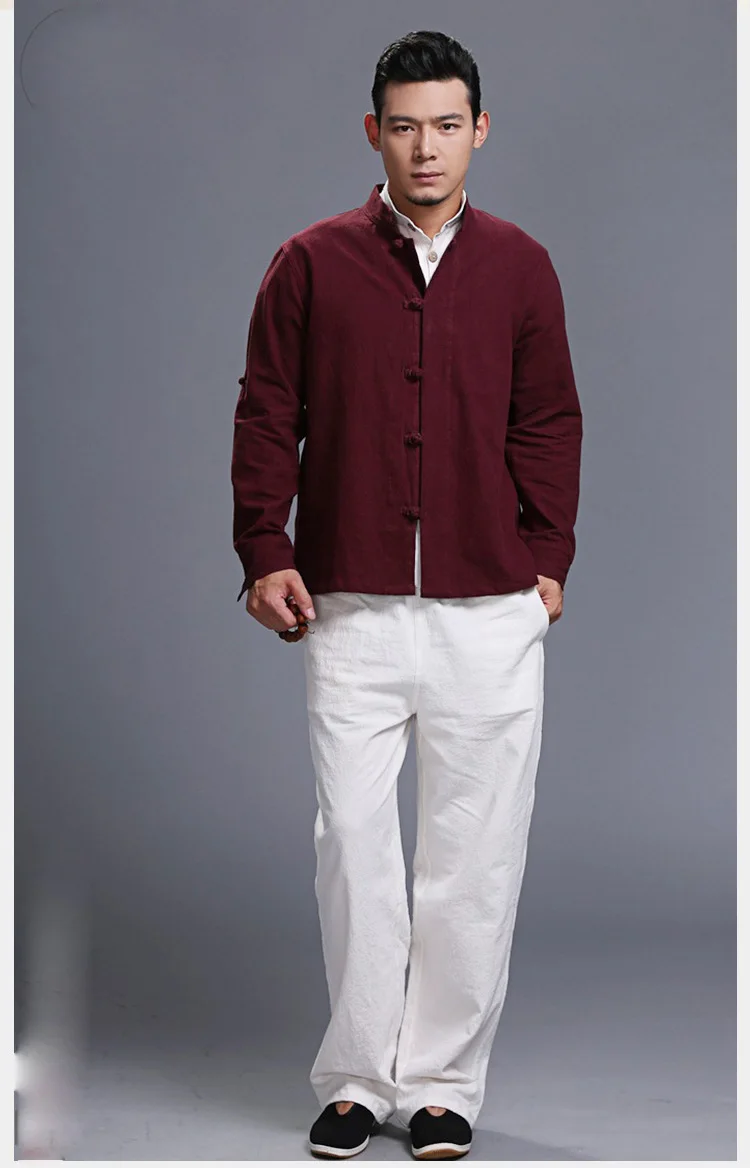 2018 новые весенние Национальный стиль Для мужчин; свободные хлопковые льняная рубашка с длинными рукавами в стиле ретро рубашка сплошной