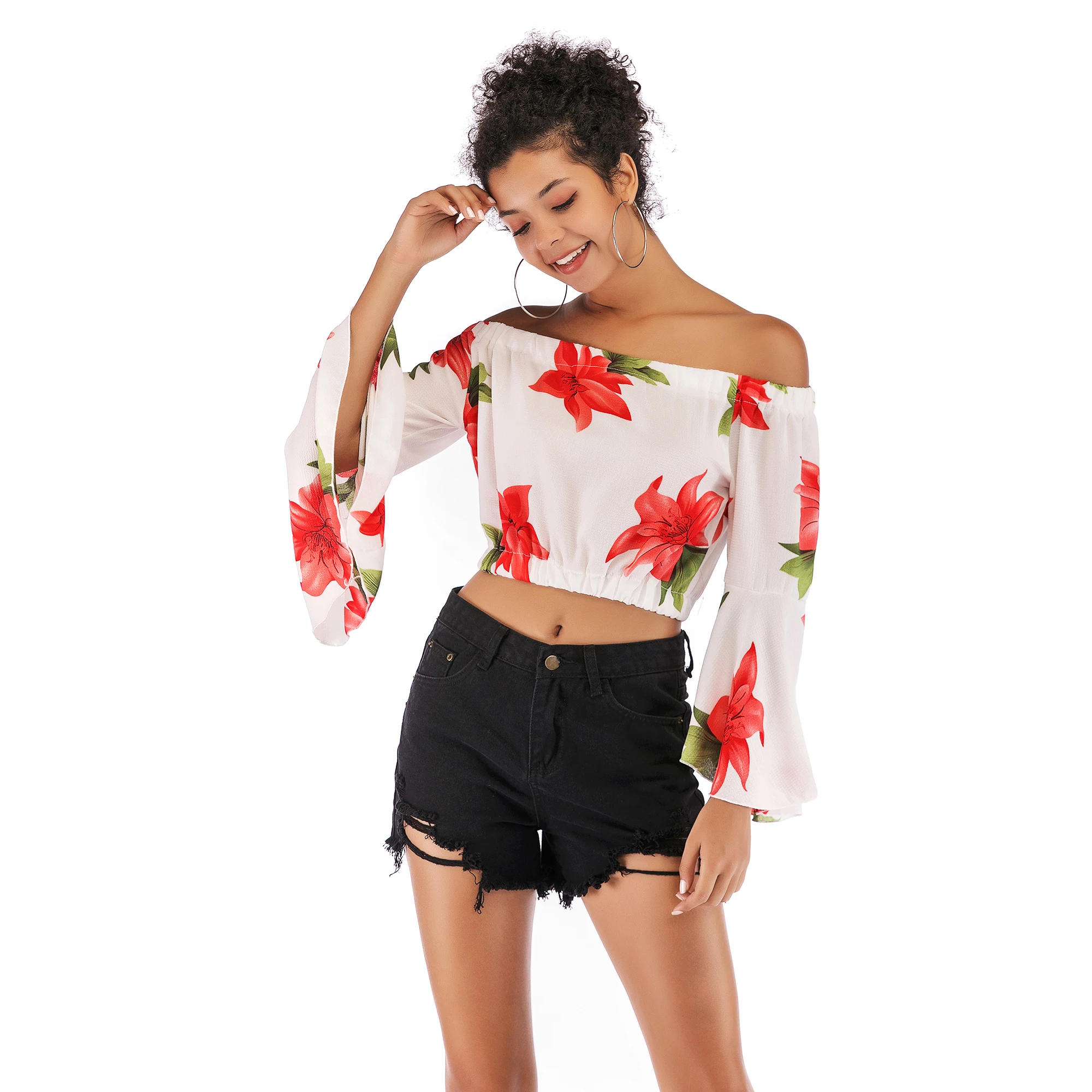 

VZFF Ladies Print Leopard Printed Word Collar Sexy Off-Shoulder Chiffon Shirt Fashion Trumpet Sleeve Print Tops Women