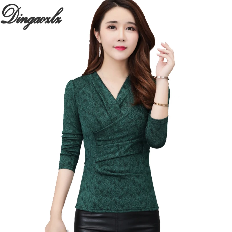  Dingaozlz M-3XL New fashion V neck Women clothing Autumn New jacquard shirt Plus size Lady blouse P