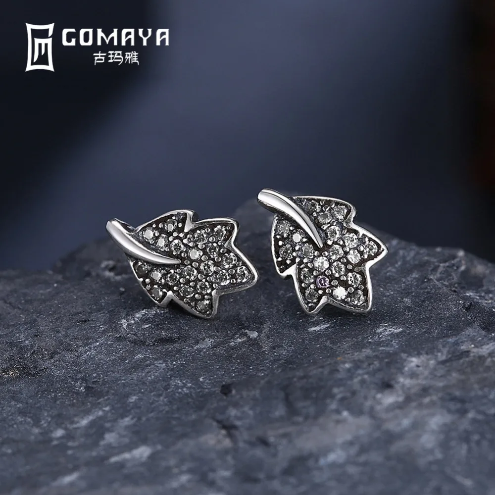 

GOMAYA Luxury Zircon Leaf Stud Earrings 925 Sterling Silver for Women Lady Girls Vintage Party Xmas Jewelry Original Best Gift