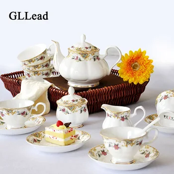 

GLLead European Style Bone China Coffee Sets Ceramic Teapot Porcelain Coffee Cup Saucer Sugar Bowl Milk Bowl 15 Pcs Sets