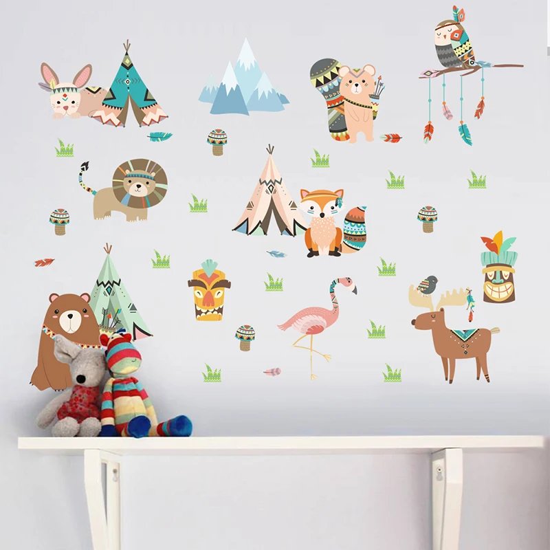 Jungle Wild Happy Zoo Lion Bear Flamingo Wall Stickers For Kids Rooms Home Decor Cartoon Animals DIY PVC Mural Wall Art Decals
