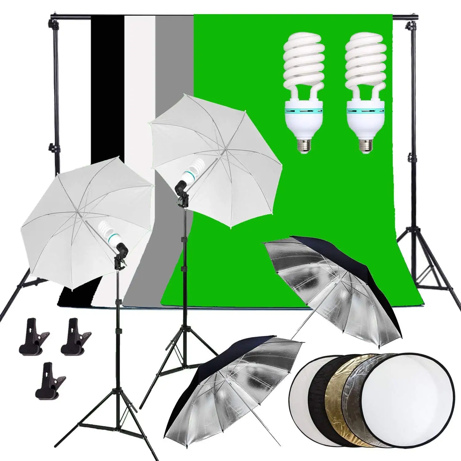 

Photo Studio Continuous Lighting Kit Umbrella Background Set 4 Umbrella + 1.6*3m Backdrops(Black White Green Gray)