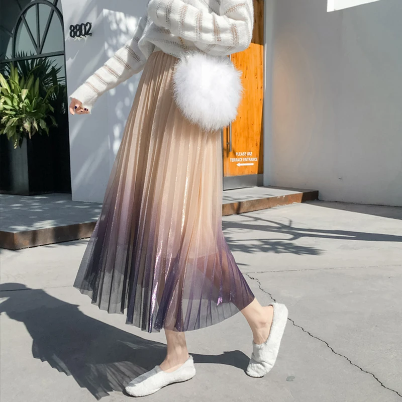 

Ailegogo New Women Gradient Color Mesh Midi Skirt Casual High Waist Slim Pleated Skirts A-line Spring Skirts Female
