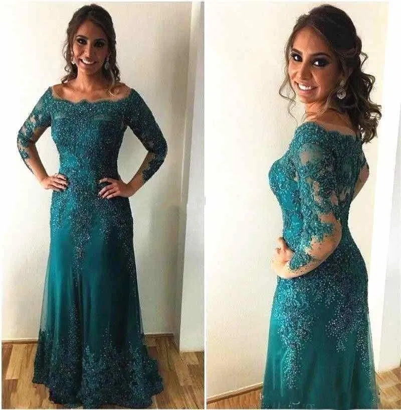 

New Hunter Green Long Sleeve Lace Mother of The Bride Dresses 2019 Appliques Groom Godmother Evening Dresses For Wedding