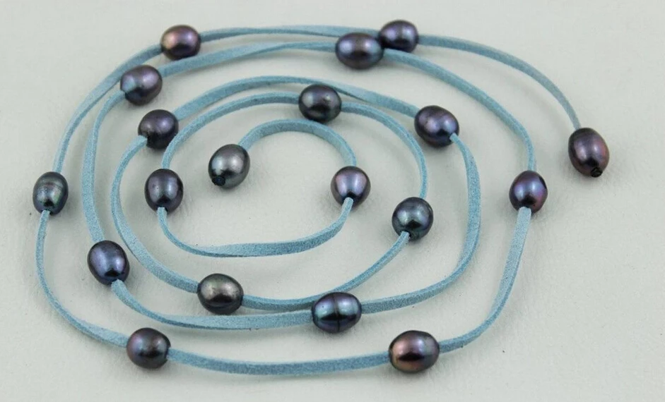 

Jewelr 006397 light blue Leather long necklace Black Freshwater pearl 48INCH 10x12mm