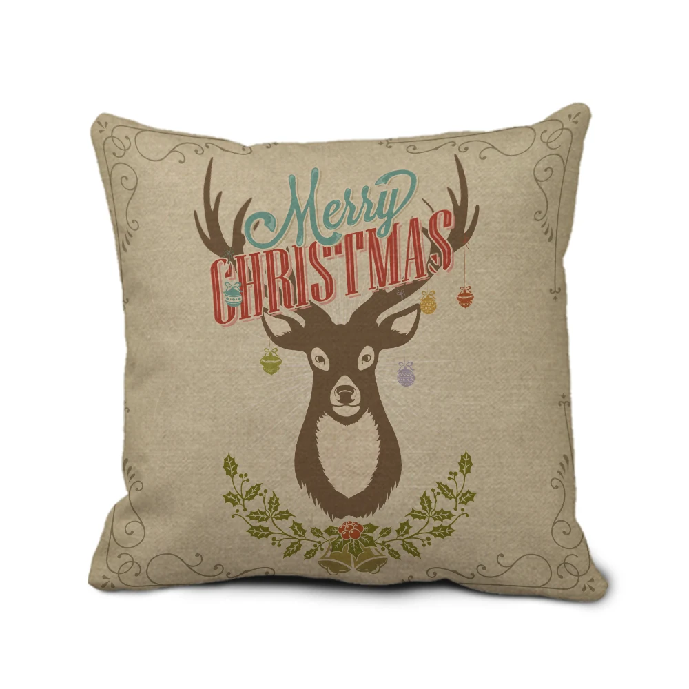 Merry Christmas Cushion Cover,Vintage Christmas Pillow Case,Deer
