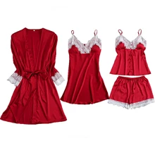 Красные женские 4 шт. ремень Топ и штаны костюм пижама комплекты одежды для сна весенние домашние ночная рубашка соблазнительное кимоно халат M-XL