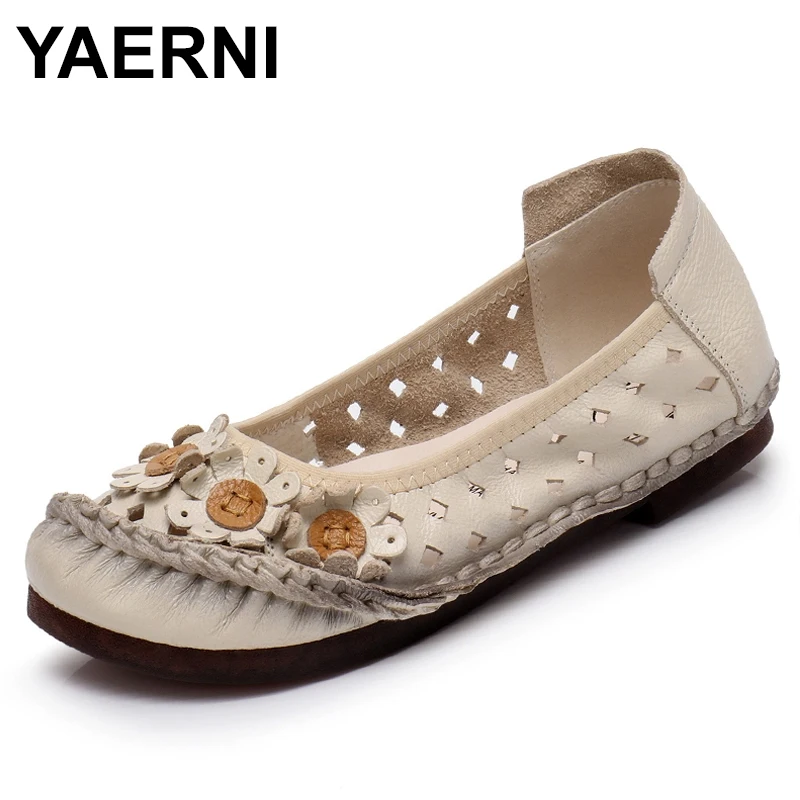 

YAERNI Summer handmade flower women's shoes genuine leather sandals female moccasins loafers soft outsole casual shoes flats