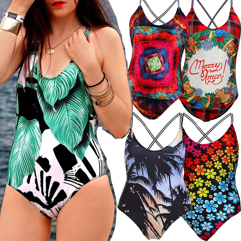 

Women One Piece Swimming Suits Criss Back High Cut Bikini Printed Low Neckline Brazilian Bikinis Nylon Swimwear Bathing Suit