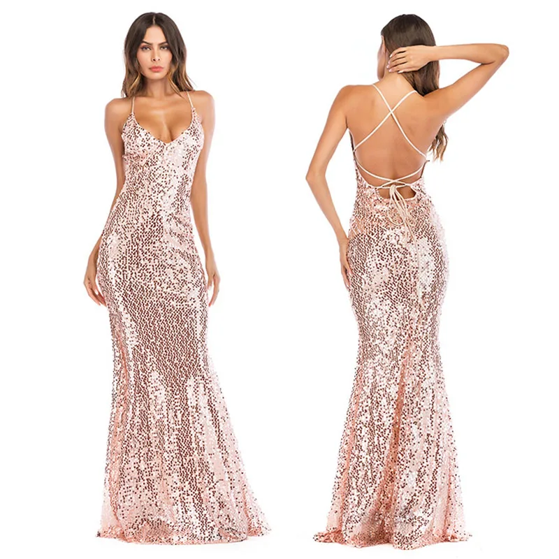 

Women Sequined Sexy Strapless Open Back Dress Wedding Dinner Party Bride Bridesmaid V-neck Mopping Tail Cheers Long Skirt