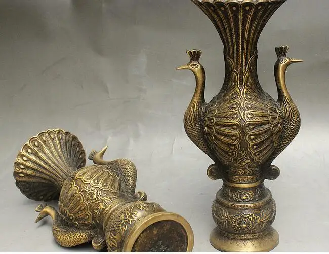 

10" Rare China Fengshui Bronze Auspicious Wealth Bird Peacock Bottle Vase Pair
