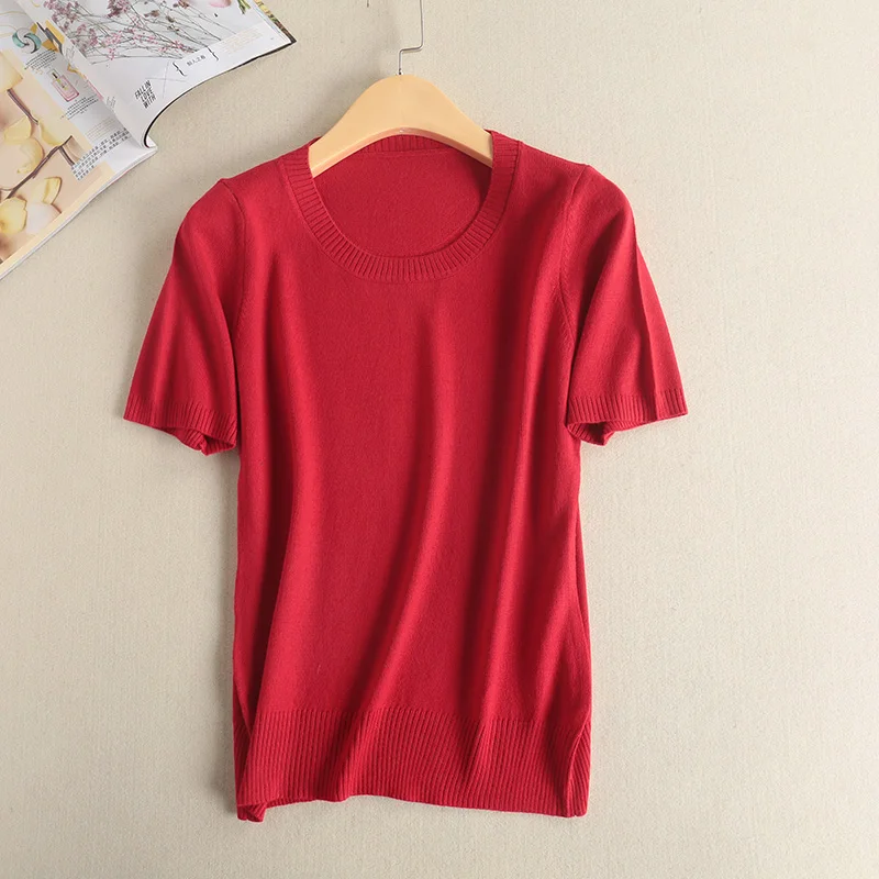 Lafarvie Cashmere Blended Knitted Sweater Women Tops Summer O-neck Short Sleeve Soft Comfortable Solid Color Shirt Sweater Pull Sweaters