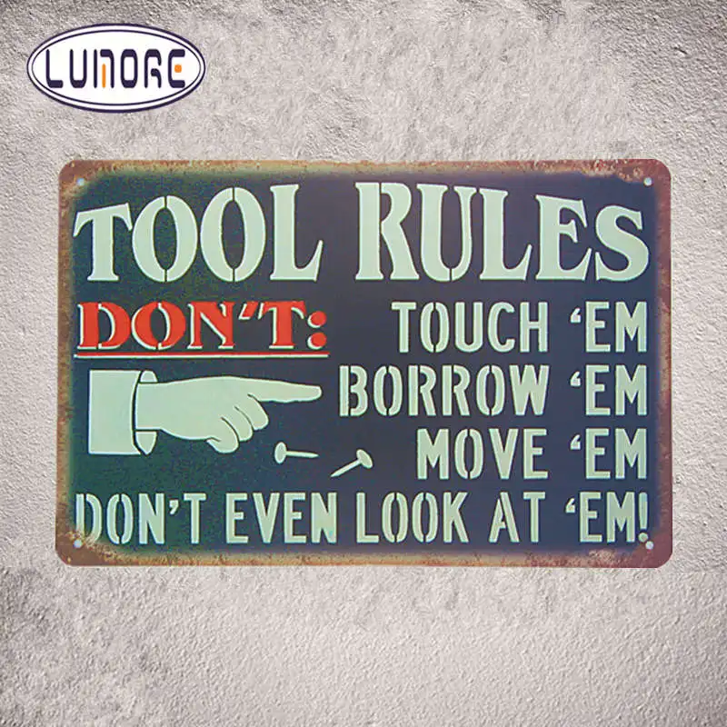 " Tool Rules " Vintage Tin Metal Signs Rustic Wall Plaque Garage