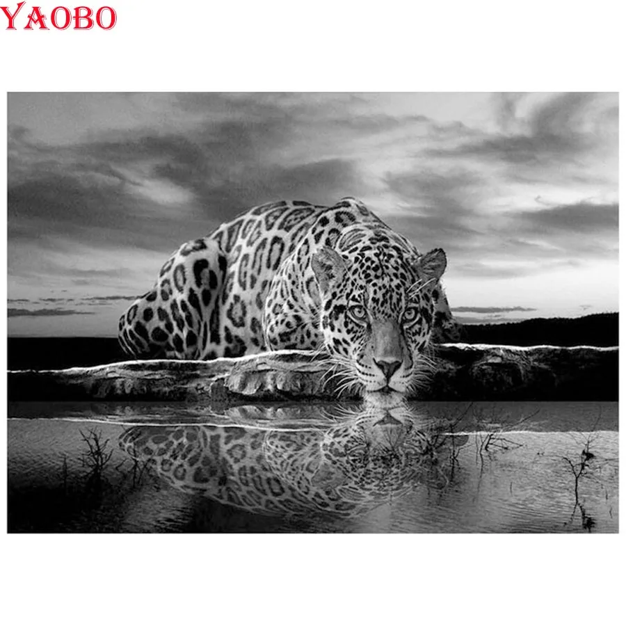 5D квадратный Круглый DIY Алмазная картина животные леопард черно белый Настенный