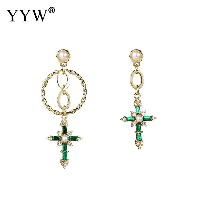

New Arrival Vintage Green Rhinestone Long Earrings Femme Brinco Jewelry Pearl Cross Drop Earrings For Women Baroque Asymmetric