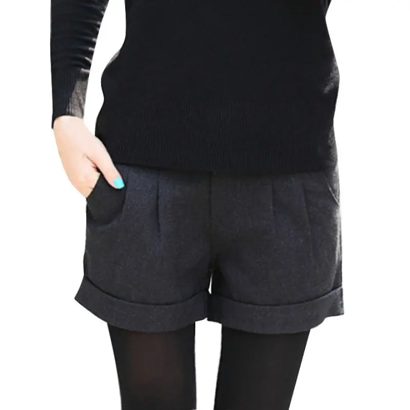 Модные осенние и зимние женские шерстяные шорты размера плюс, повседневные шорты с поясом