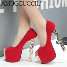 2016 New Plus Big Size 33-44 Black Red Peep Toe Fashion Sexy High Heel Platform Spring Autumn Women Pumps D1103