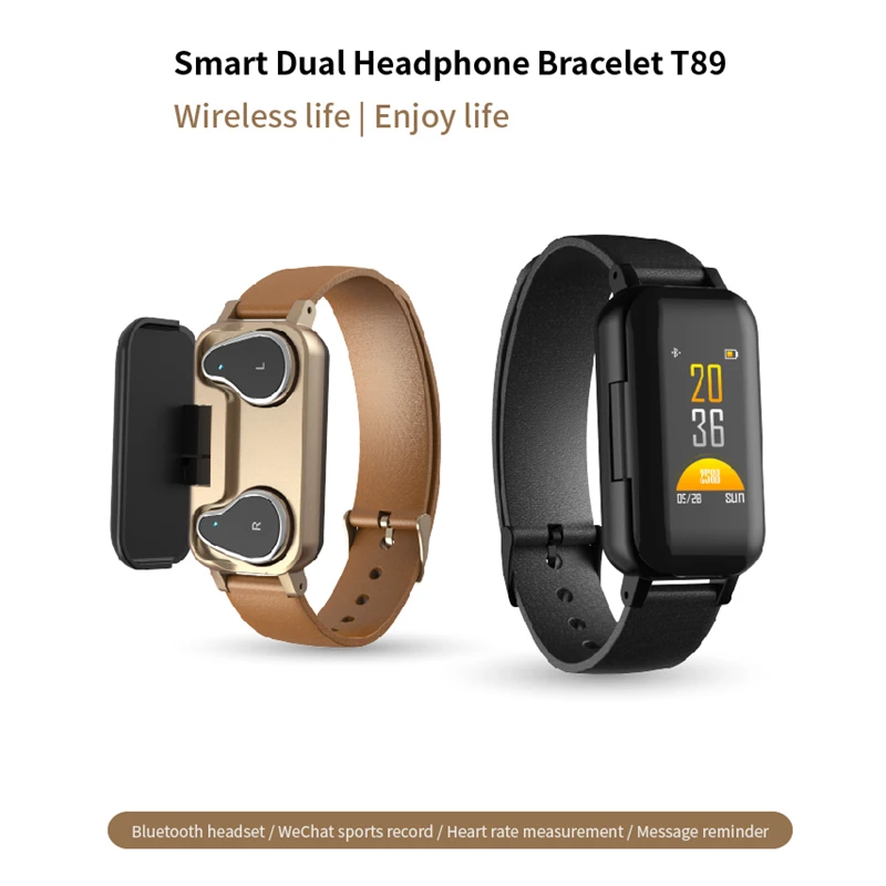 

T89 TWS Dual Bluetooth 5.0 Earphone Smart Bracelet Heart Rate Blood Pressure Tracker Smart Watch Men For IOS Android Phone