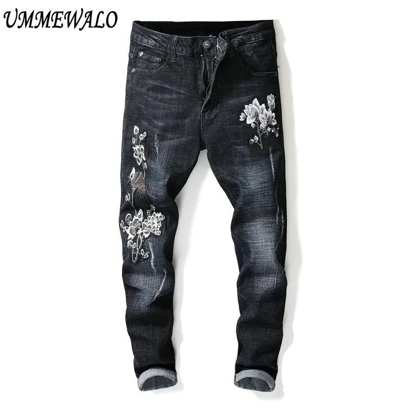 UMMEWALO Black Jeans Men Denim Embroidery Jeans Mens Designer Ankle