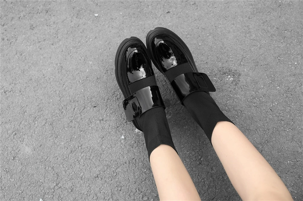 BuonoScarpe/Новинка года; модные сапоги-носки на платформе из натуральной кожи в стиле пэчворк; ботинки на толстом каблуке с круглым носком; эластичные женские ботильоны