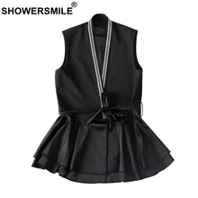 SHOWERSMILE Elegant Vest For Women Black Ruffle Waistcoat Lady Lace Up Office Slim Fit Sleeveless Jackets Female Autumn Clothing