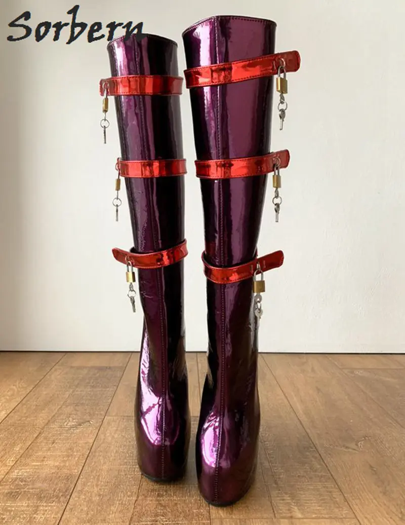 Sorbern/темно-фиолетовые сапоги до середины икры на заказ; женские пикантные сапоги с красным ремешком и замочком; Фетиш-сапоги; БДСМ; женские сапоги на высоком каблуке