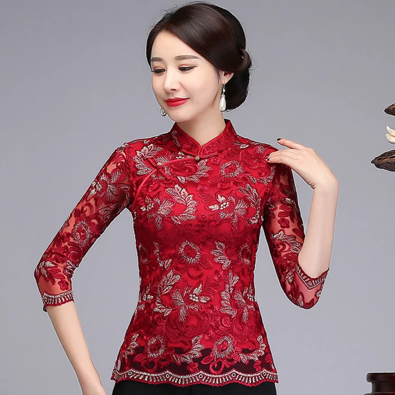 Chinese Style Shirt Embroidery Flower Female Blouse Red Three Quarter