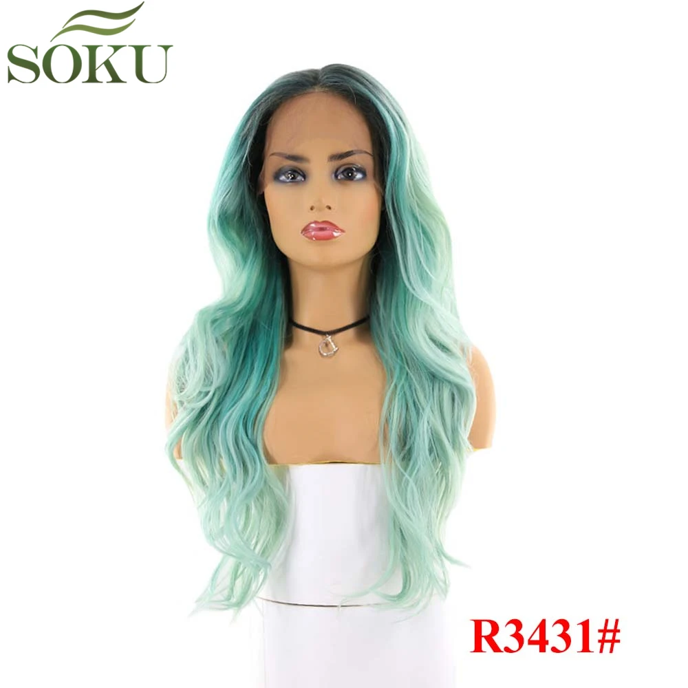 SOKU синтетические парики на кружеве для черных женщин темно-корень зеленый цвет свободная часть Волнистые парики без клея термостойкие волокна парики - Цвет: R3431
